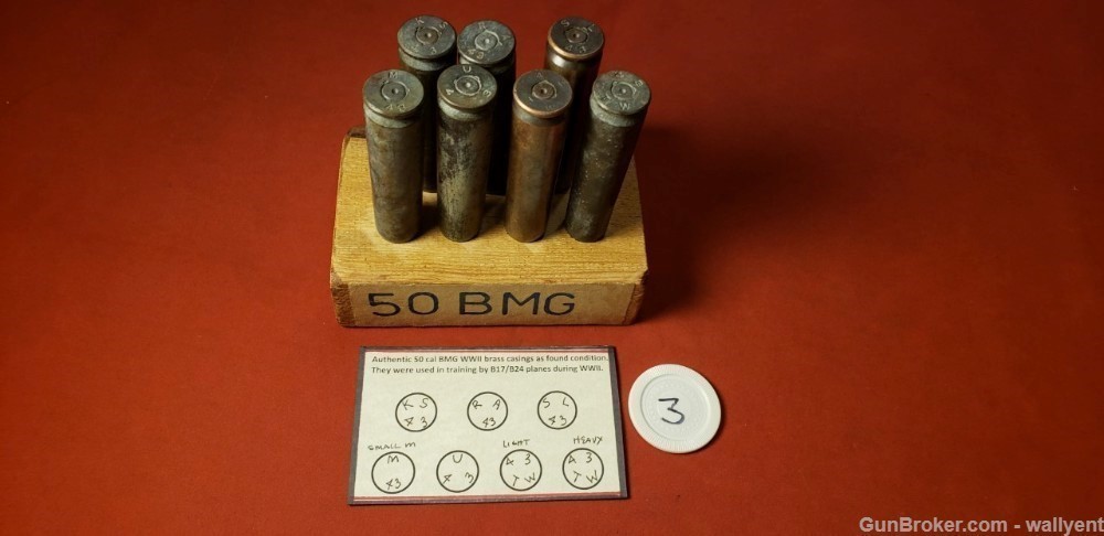 7 WW2 50BMG Brass Casings WWII Different Headstamps 50 cal bmg B17 B24 #3-img-0