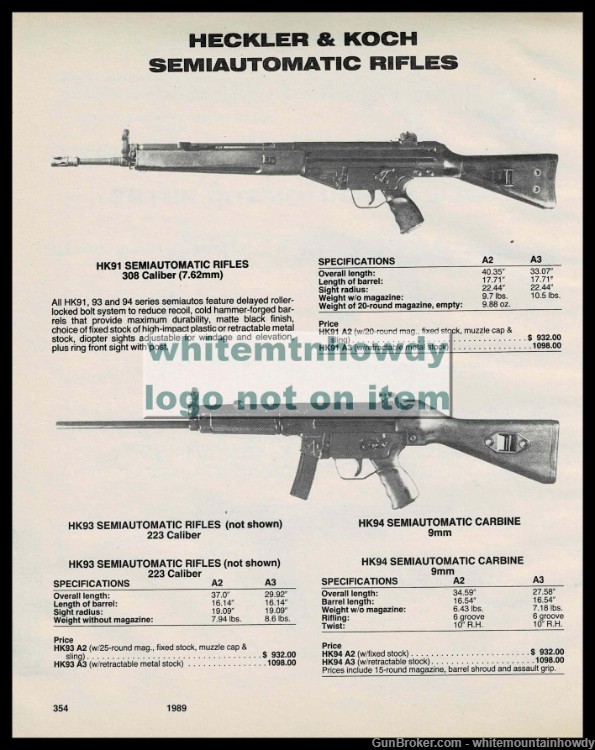 1989 HECKLER & KOCH HK91 308 Rifle Semi-Auto 9mm Carbine PRINT AD-img-0