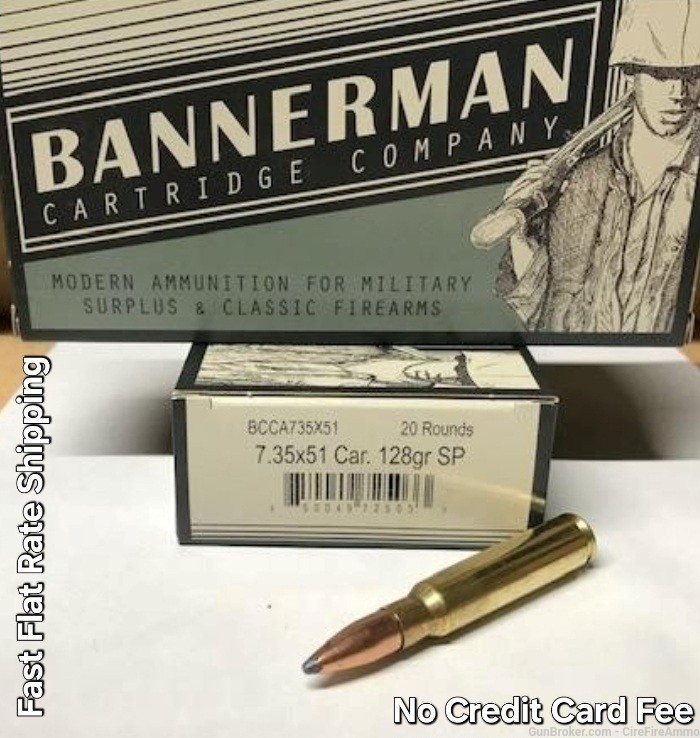 7.35X51 CARCANO bannerman ammunition 128GR SP 20/BX no cc fee-img-0