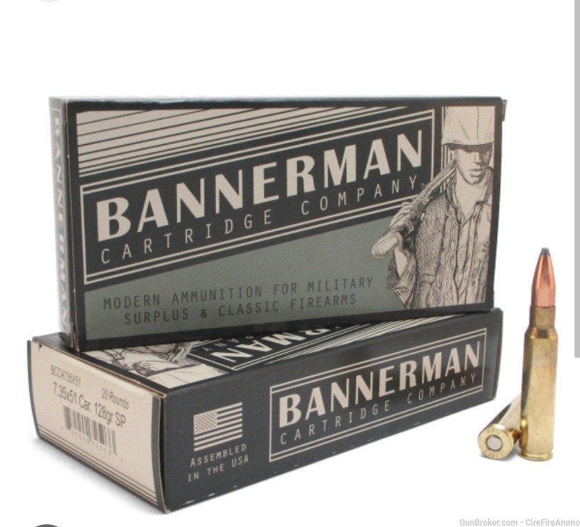 7.35X51 CARCANO bannerman ammunition 128GR SP 20/BX no cc fee-img-1