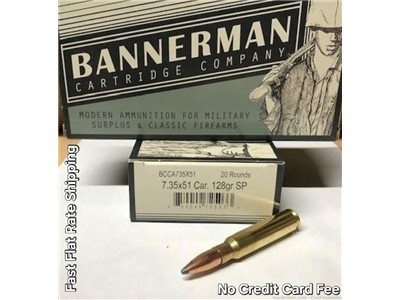 7.35X51 CARCANO bannerman ammunition 128GR SP 20/BX no cc fee