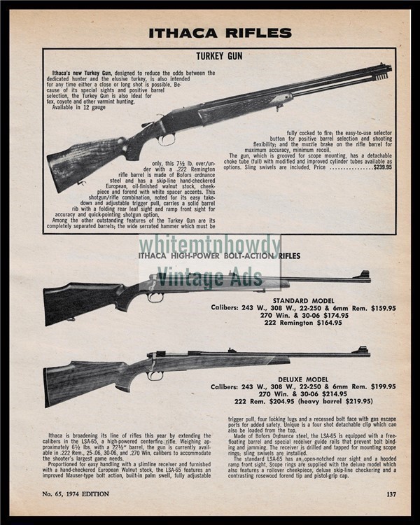 1974  ITHACA Turkey Gun High-Power Bolt Action Standrd &Deluxe Rifle AD-img-0