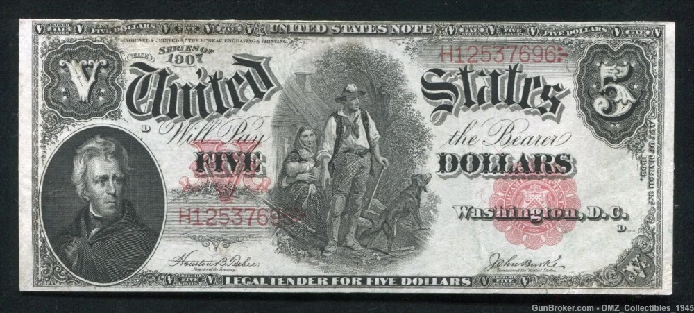 1907 US $5 Legal Tender Note Money Currency w/ Andrew Jackson-img-0