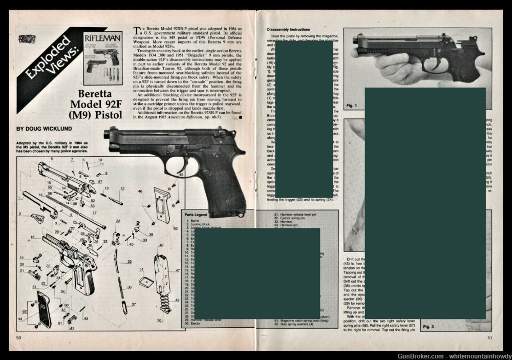 1988 BERETTA Model 92F M9 Pistol Exploded View Parts List Assembly Article-img-0