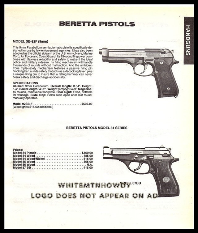 1988 BERETTA SB-92F, 87BB Pistol AD w/ specs-img-0