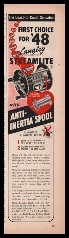 1948 LANGLEY Streamlite Fishing Reel PRINT AD-img-0