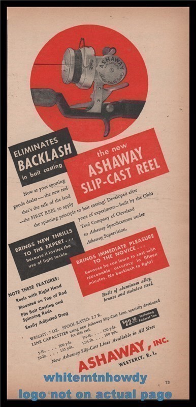 1948 ASHAWAY Slip-Cast Fishing Reel PRINT AD-img-0