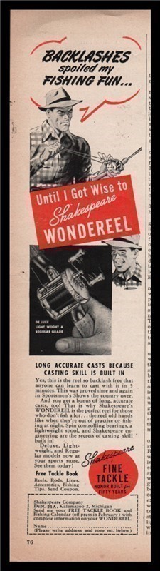 1948 SHAKESPEARE Wondereel Fishing Reel PRINT AD-img-0