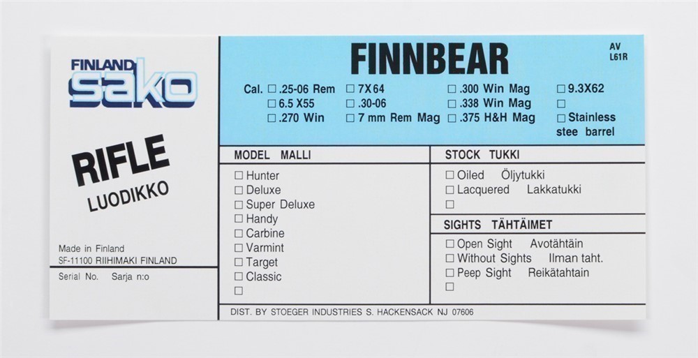 Sako Finnbear L61R AV Rifle Stoeger Import Vintage Box Label-img-0