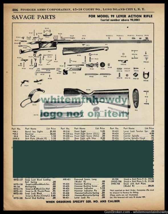 1958 SAVAGE Model 99 Lever Action Rifle Parts List-img-0
