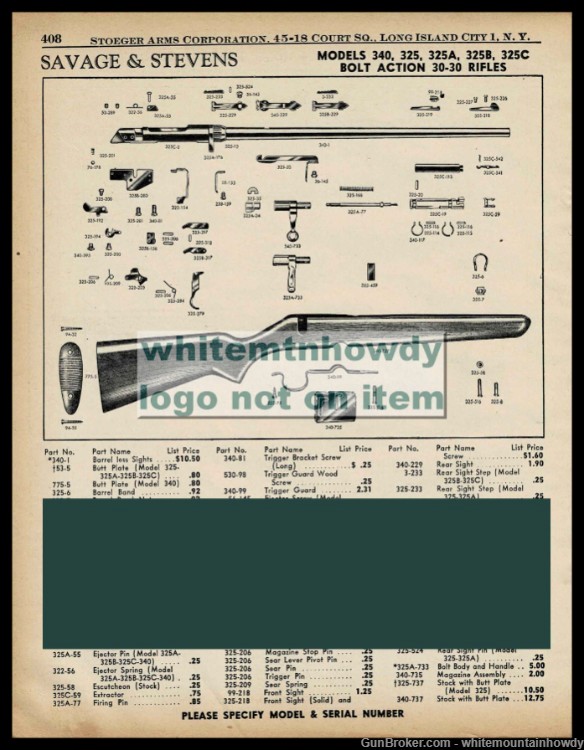 1957 SAVAGE 340, 325, 325A, 325C, Bolt Action 30-30 Rifle Parts List-img-0