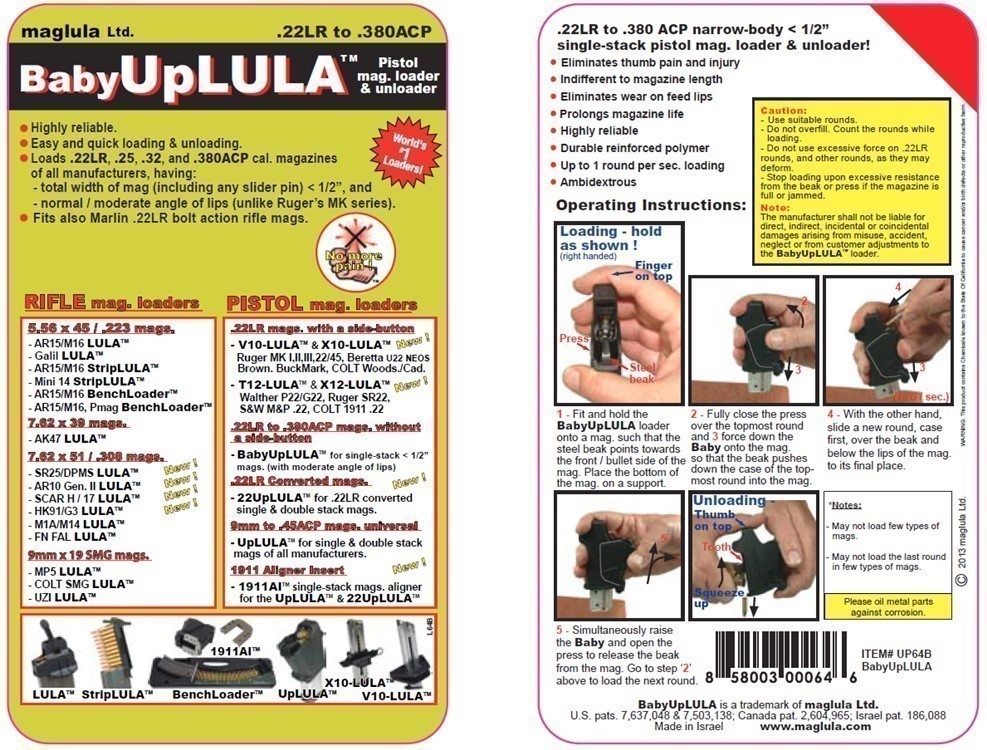 Maglula BabyUpLULA 22LR to .380ACP Single Stack Mag Loader UP64B Black-img-2