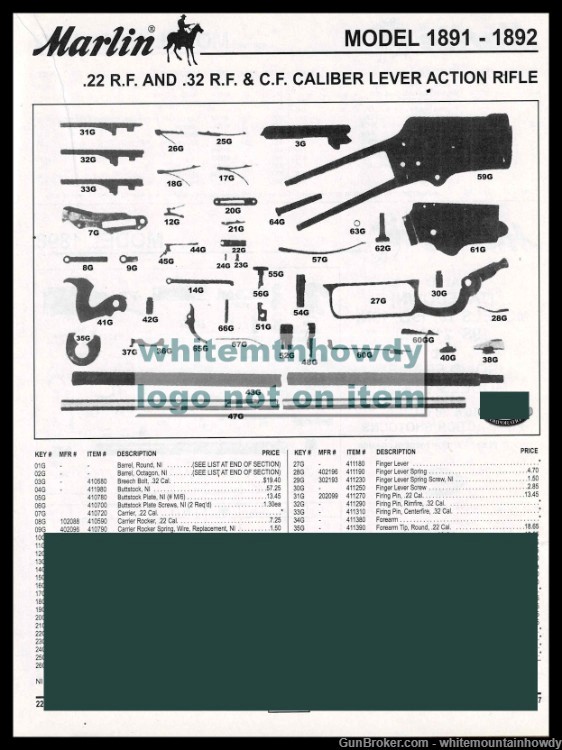 1999 MARLIN 1891 - 1892 .22 .32 Lever Action Rifle Parts List-img-0