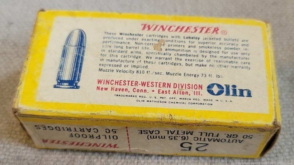 VINTAGE 1960'S WINCHESTER. 25 AUTO 50 GR FULL METAL CASE 23 COUNT RARE -img-2