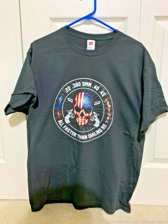 ".22, .380, 9mm, .40, .45 All Faster Than Dialing 911" T-Shirt - Large-img-1