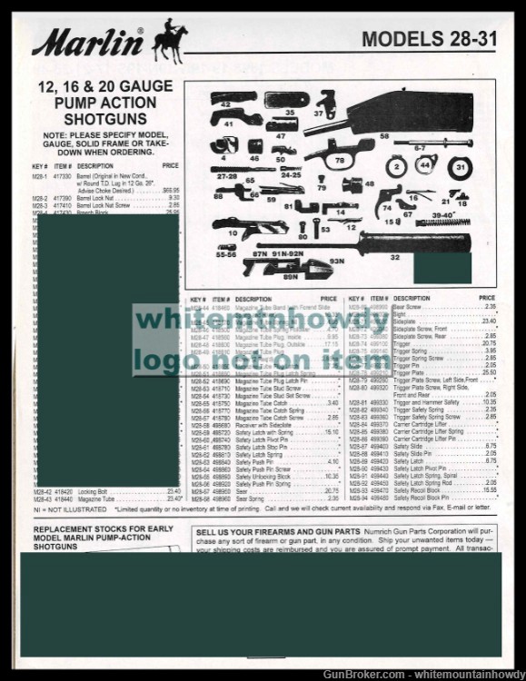 1999 MARLIN Models 28 - 3112, 16, 20 gauge Pump Action Shotgun Parts List-img-0