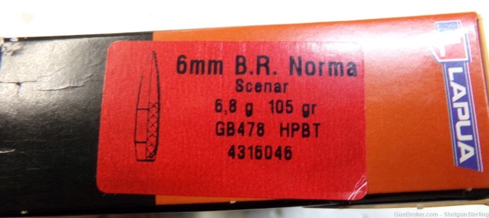 20 round box of Lapua ammo in 6mm BR Norma with 105gr HPBT bullets-img-0