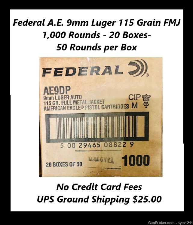 1000 Rounds Federal A.E. 9mm Luger 115 GRAIN FMJ AE9DP FACTORY NEW AMMO-img-0