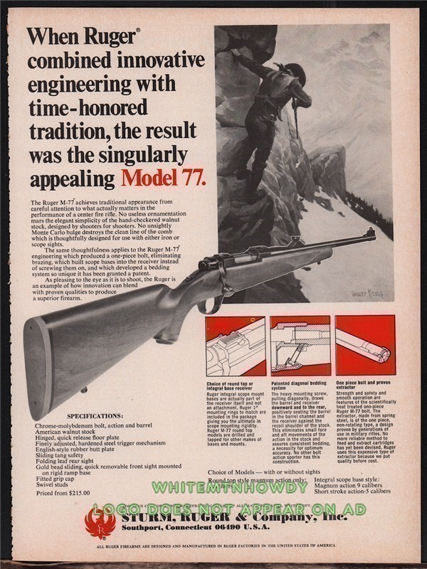1975 RUGER M-77 RIFLE AD w/specs-img-0