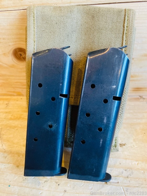(2) Colt 1911 7rd Pony M marked Mags 45 ACP Double Mag Pouch WWII R.H Long-img-0