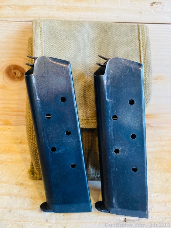 (2) Colt 1911 7rd Pony M marked Mags 45 ACP Double Mag Pouch WWII R.H Long-img-8