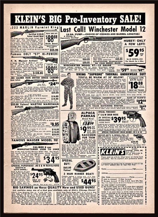 1958 WINCHESTER 12 Shotgun Mauser 98 Marlin 422 Klein's Sporting Goods AD-img-0