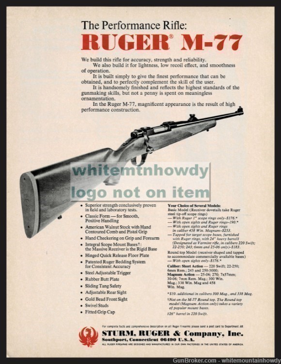 1974 RUGER M-77 Bolt Action Rifle PRINT AD-img-0