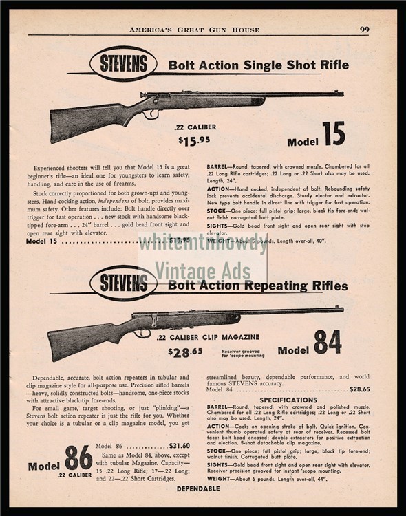 1958 STEVENS Model 15 Single Shot 84 Repeating Bolt Action Rifle AD>>-img-0