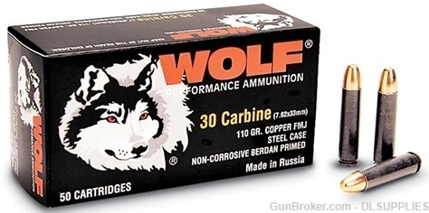 WOLF PERFORMANCE AMMUNITION .30 CARBINE 110 GRAIN FMJ STEEL CASE 500 ROUNDS-img-0