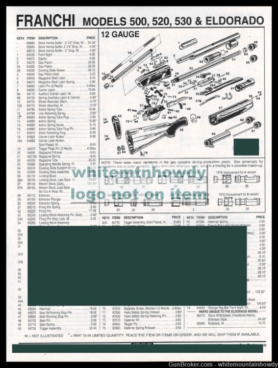 2006 FRANCHI 500, 520, 530, Eldorado 12 gauge Shotgun Schematic Parts List-img-0