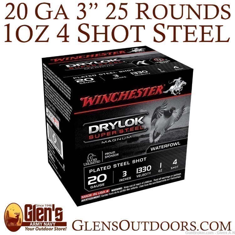 Winchester Drylok Super Steel Magnum 20Ga 3" 1oz 4 Shot 25 Rounds XSM2034-img-0