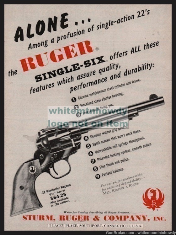 1960 RUGER Single-Six .22 Win Mag Revolver PRINT AD-img-0