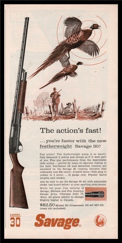 1959 SAVAGE Model 30 Shotgun PRINT AD Pheasant Art-img-0