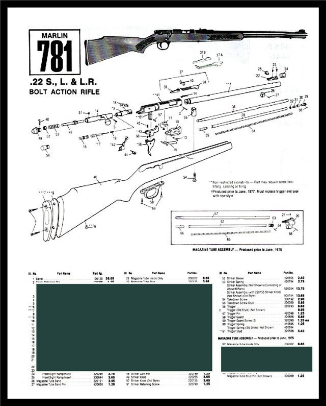 1992 MARLIN 781 22 S,L,L.R Rifle Schematic Parts List AD-img-0