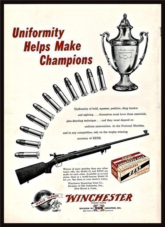 1950 WINCHESTER Model 52 Rifle Vintage PRINT AD shown with EZXS Ammunition-img-0