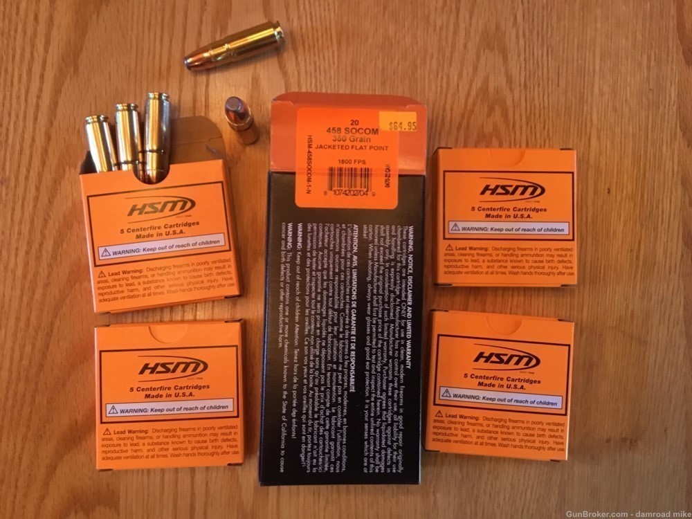 458 Socom 350 Grain Jacketed Flat Point Ammo by HSM-img-0