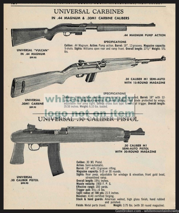 1966 UNIVERSALE VULCAN, M1 Semi-Auto Carbine & .30 caliber Pistol PRINT AD-img-0