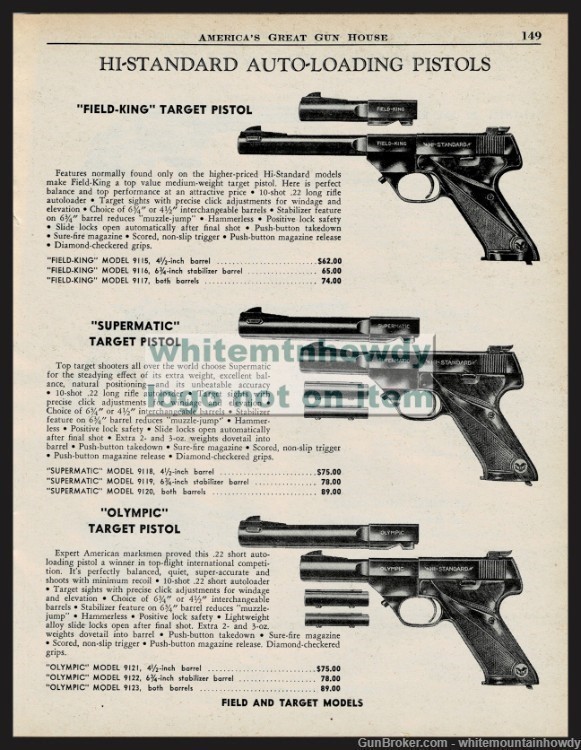 1958 HI-STANDARD Field-King, Supermatic and Olympic Target Pistol PRINT AD-img-0