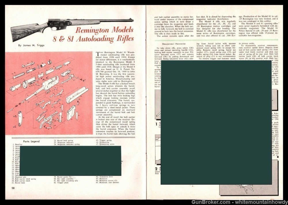 1961 REMINGTON 8 & 81 Exploded View Parts List Assembly Article-img-0