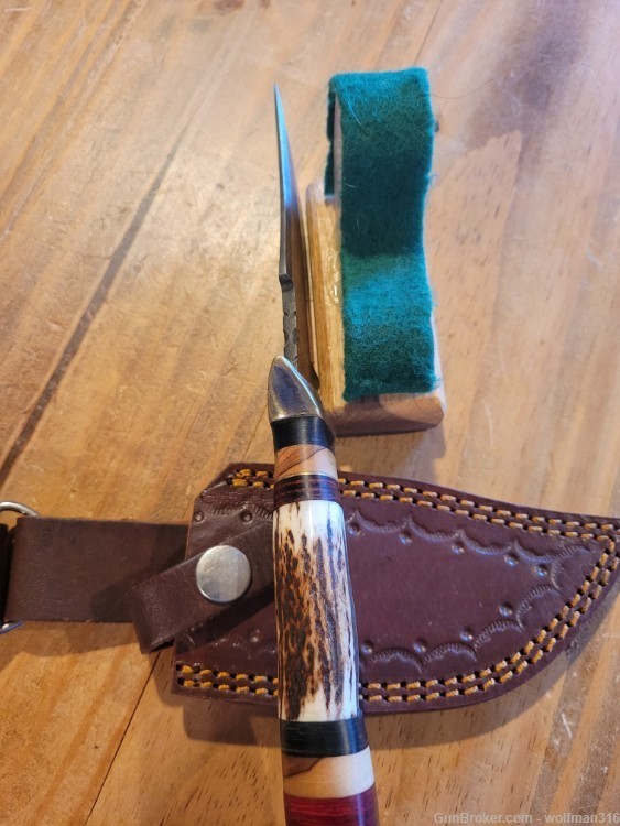Damascus Bowie knife with Stag handle and leather sheath.  New -img-3