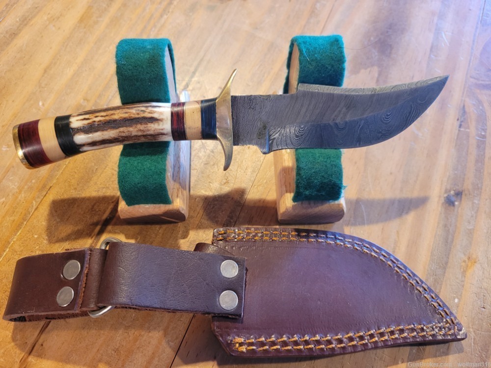 Damascus Bowie knife with Stag handle and leather sheath.  New -img-2