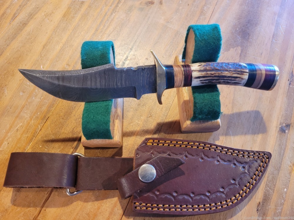 Damascus Bowie knife with Stag handle and leather sheath.  New -img-1