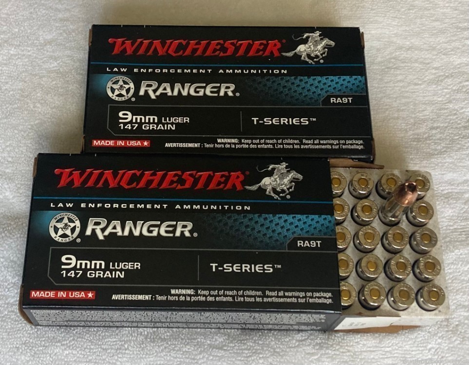 100 rounds of Winchester Ranger RA9T LE Talon 147 grain JHP Ammunition-img-0
