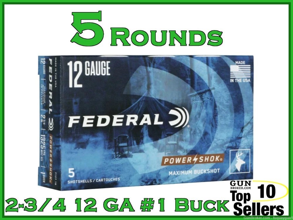 Federal Power Shok 12 Gauge #1 Buckshot 2 3/4" F127 1B Ammo 5CT-img-0