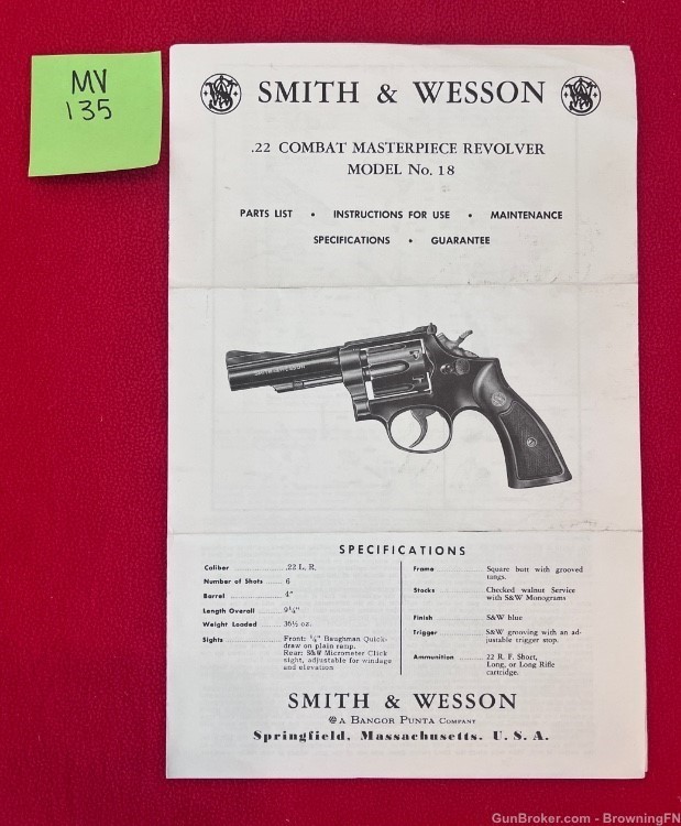 Vintage Smith & Wesson Owners Instruction Manual Model 18 .22 Combat S&W-img-0
