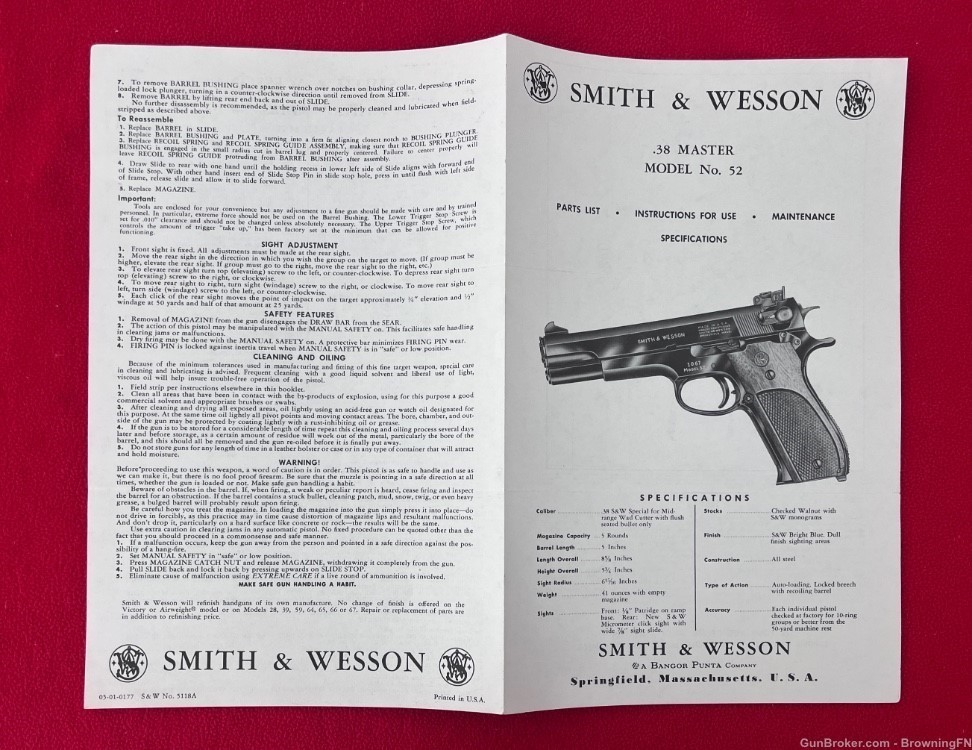 Vintage Smith & Wesson S&W Model 52 Owners Instruction Manual .38 Master-img-2