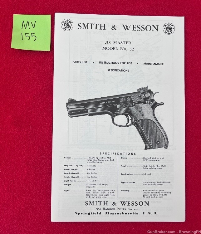 Vintage Smith & Wesson S&W Model 52 Owners Instruction Manual .38 Master-img-0