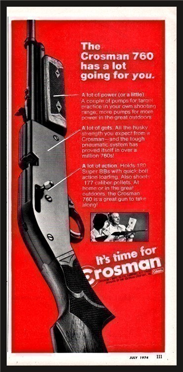 1974 CROSMAN 760 BB Gun Pellet Air Rifle PRINT AD Original Advertising-img-0