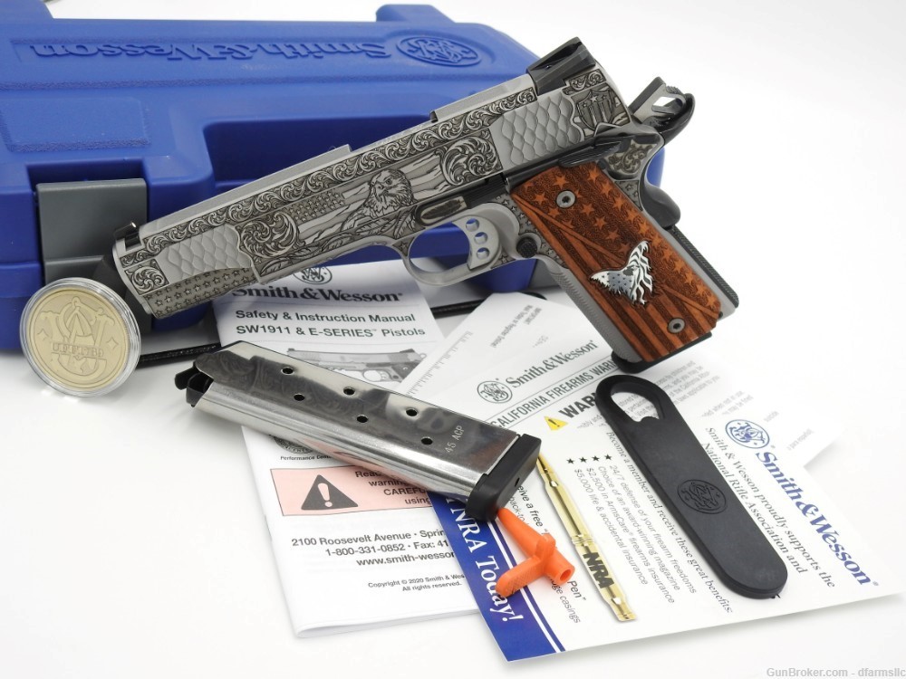 Rare Custom Engraved S&W Smith & Wesson 1911 E Series 45 ACP US Patriot-img-1