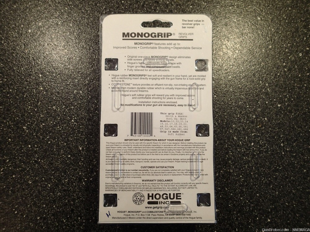 Hogue S&W K or L Frame Square Butt Rubber Monogrip Black Model 10000-img-1